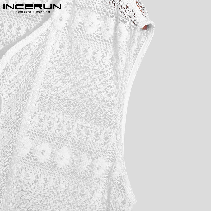 Áo INCERUN không tay cổ chữ v màu trắng xuyên thấu thoáng khí có dây buộc cho nam