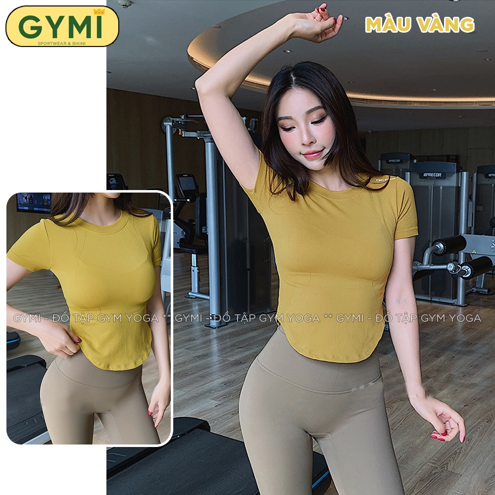 Áo tập gym yoga nữ GYMI AC25 dáng ngắn cộc tay vạt bầu chất thun gân co giãn tốt ôm body