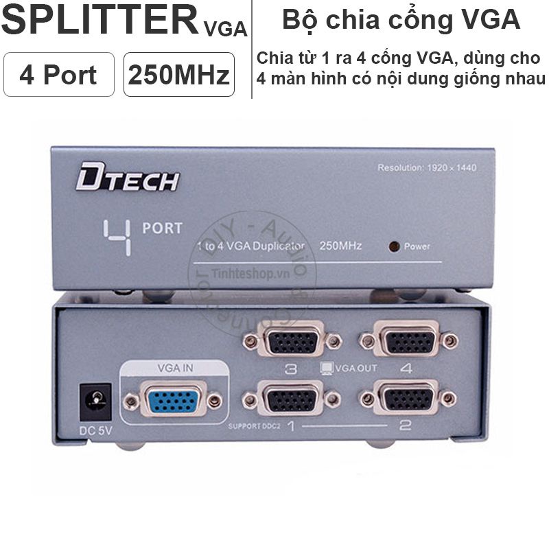 Bộ chia VGA 1 RA 2 DTECH DT7252, 1 Ra 4 DT7254- Bộ chia VGA 1 CPU ra nhiều màn hình - CHÍNH HÃNG 100%