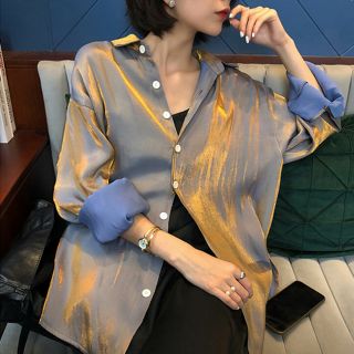 (Sẵn) 😍 Áo sơ mi nữ satin phi bóng phản quang màu ghi xám ánh nhũ vàng sang chảnh