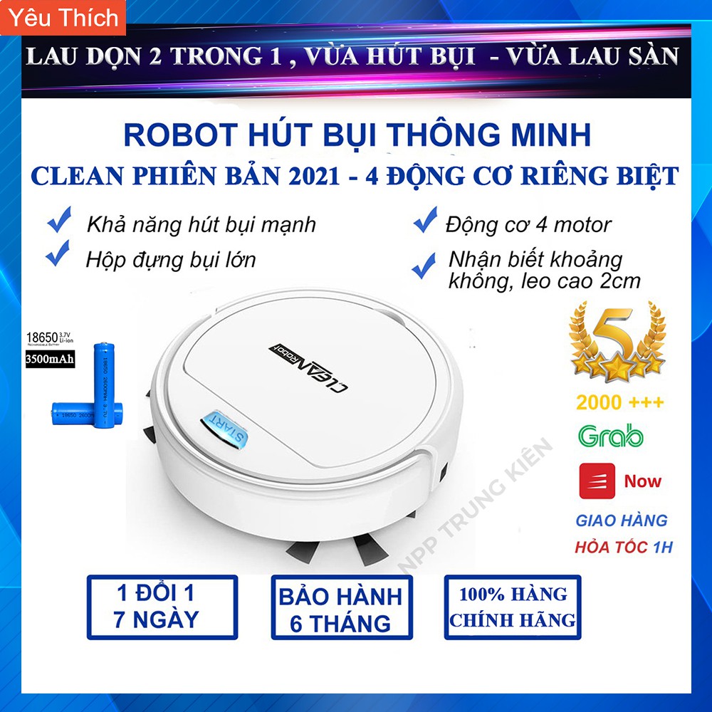 Robot hút bụi lau nhà thông minh CLEAN ROBOT Model 2021  tự động lau dọn nhà cửa, động cơ 4 motor hút bụi nhanh mạnh