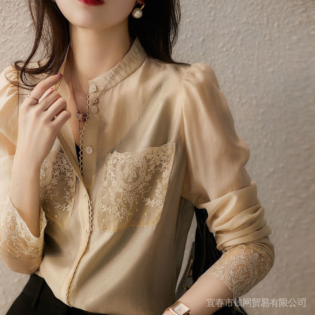 Áo Sơ Mi Chiffon Tay Dài Phối Ren Thêu Họa Tiết Phong Cách Pháp Thời Trang Mùa Xuân 2022 Mới Cho Nữ