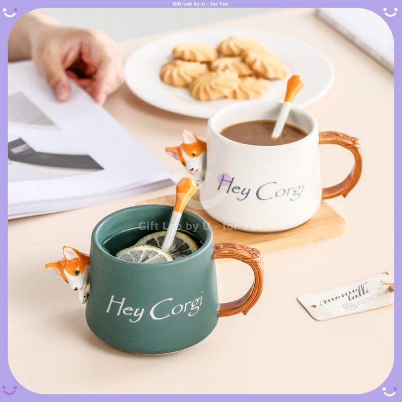 Cốc gốm sứ cao cấp hình cún Corgi siêu đáng yêu kèm nắp thìa(48)