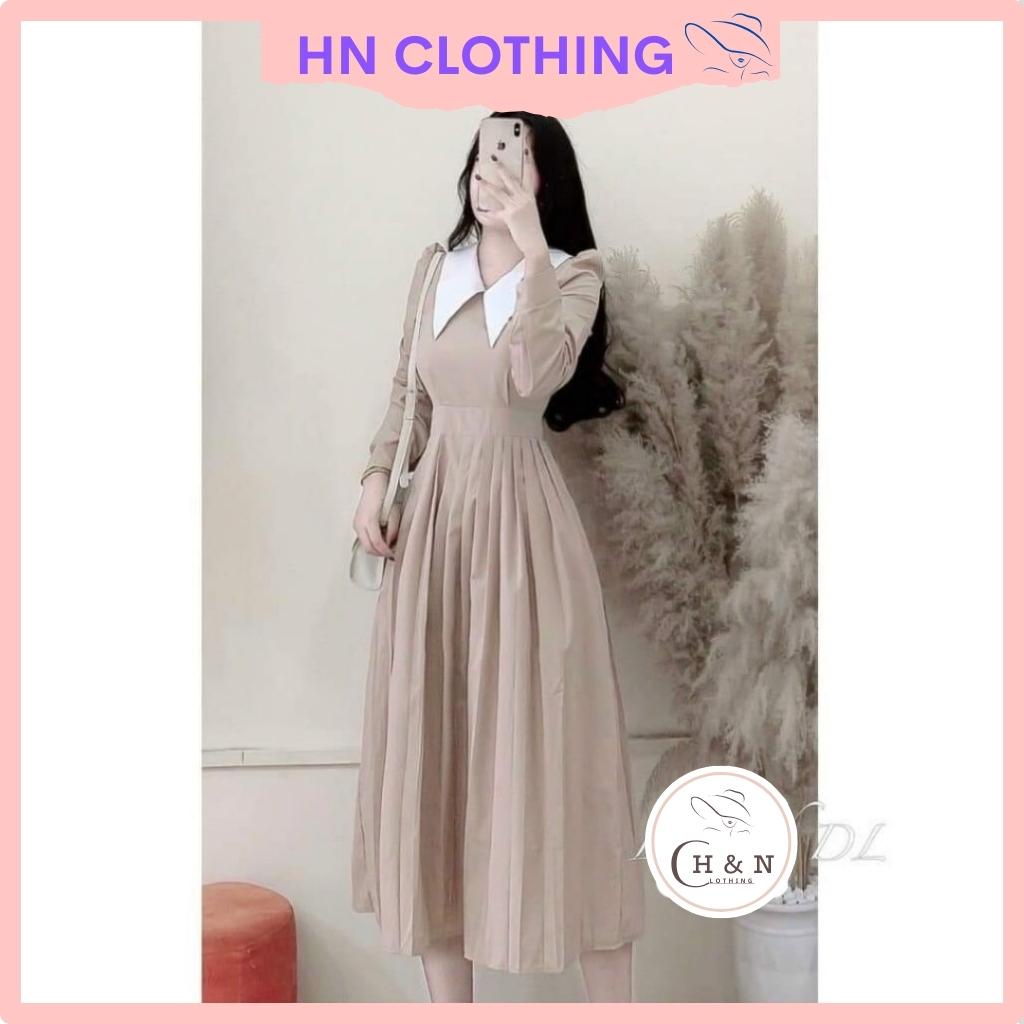 Váy nữ thiết kế dập ly tay dài, Đầm xòe trẻ trung thanh lịch HN clothing