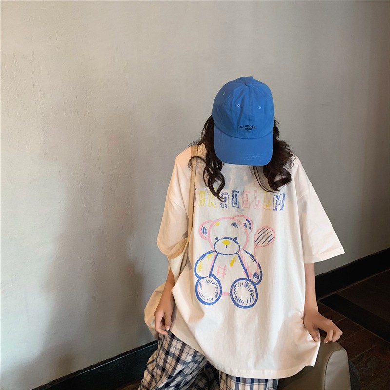 Áo phông tay lỡ unisex BEAR DRAW 2021, Áo phông nữ form rộng màu trắng đen chất cotton thời trang Ulzzang quảng châu | BigBuy360 - bigbuy360.vn