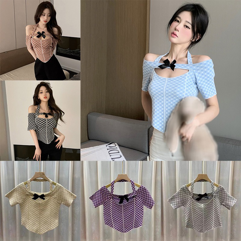Áo Thun Croptop Tay Ngắn Cổ Yếm Cột Nơ Họa Tiết Sọc Caro Phong Cách Hàn Quốc Thời Trang Cho Nữ