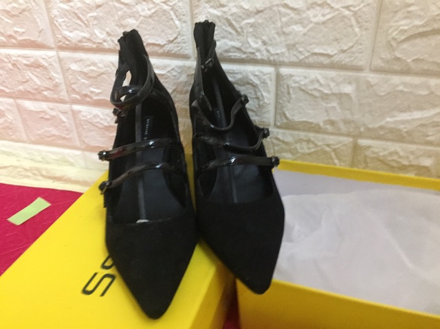 Giày gót vuông da lộn QC màu đen