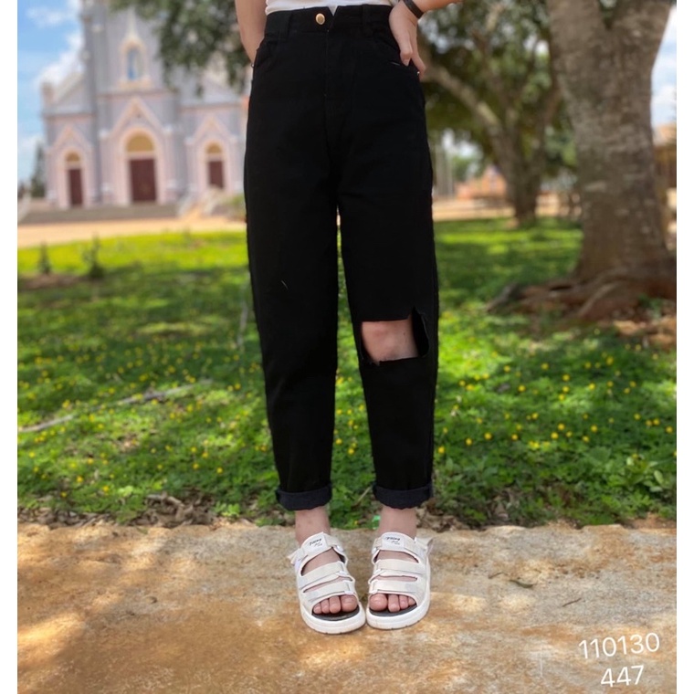 Quần Baggy Đen bigsize Rách Ô Vuông Lưng Siêu Cao - Không Co Giãn - Form Rộng Siêu Thoái Mái