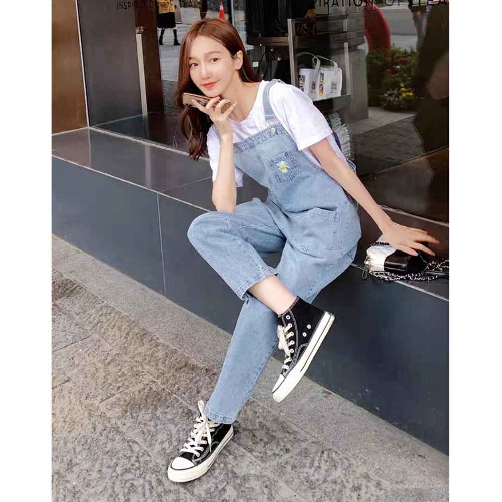 Quần yếm jean dài thêu hoa cúc SAIGONJEAN YJ004 - Yếm bò ulzzang hoa cúc