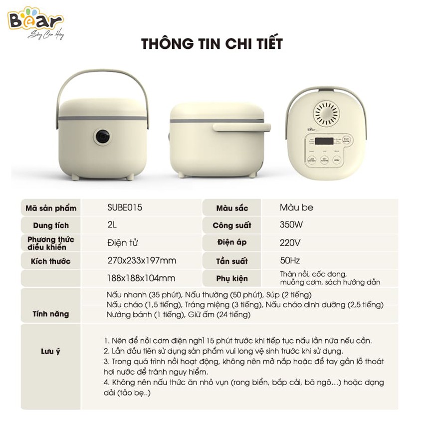 Nồi cơm điện mini Bear DFB-B20A1 dung tích 2L công suất 350W, 8 chế độ nấu thông minh giữ ấm 24h - KitchenMart | BigBuy360 - bigbuy360.vn