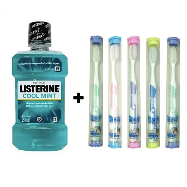 Combo nước súc miệng Listerine 250ml + 5 bàn chải lông mềm cao cấp SUNREE Thái Lan