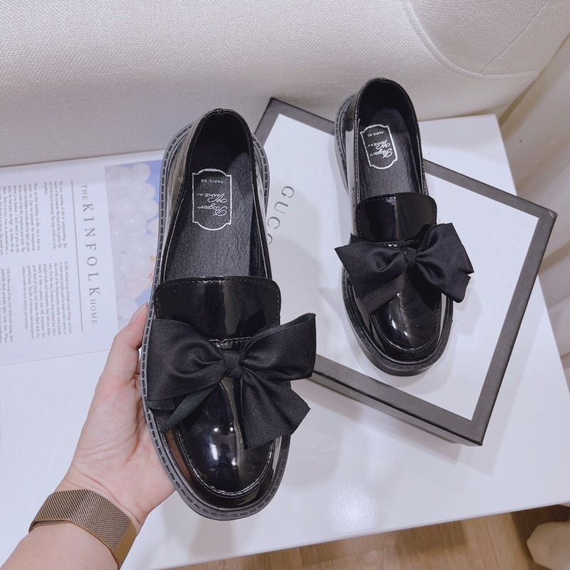 Giày Búp Bê Giày Lười Nữ Nơ Lụa Ulzzang Phong Cách Hàn Quốc Da Bóng Mã Hàng Đẹp