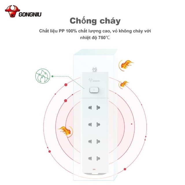 Ổ cắm điện Gongniu 4 ổ 1 công tắc - 2500W 10A - V1040 - Chính Hãng