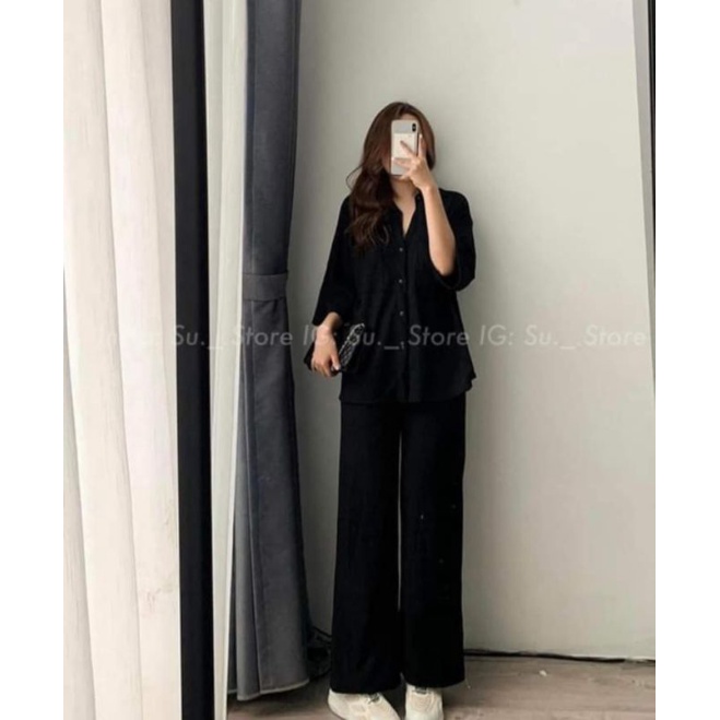 Set Đũi Xốp Sơ Mi Tay Lỡ Quần Suông Dài Bigsize 60-95kg