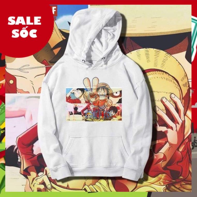Áo Hoodie Dài Tay Nỉ Ấm Anime One Piece, Luffy Mũ Rơm Hai Màu Đen Trắng