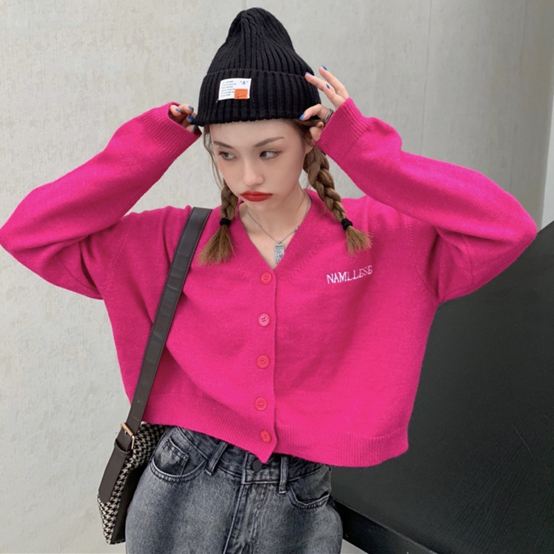 Áo khoác cardigan dệt kim cổ chữ V thêu chữ phong cách Hàn Quốc