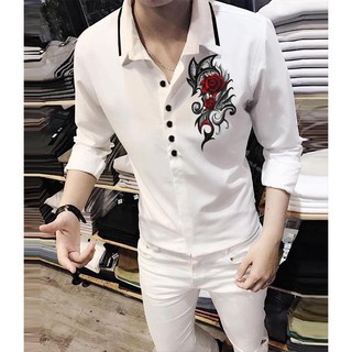 Áo Sơ Mi Nam Trắng Đẹp 5 Nút Họa Tiết Hoa Rồng Siêu Đẹp