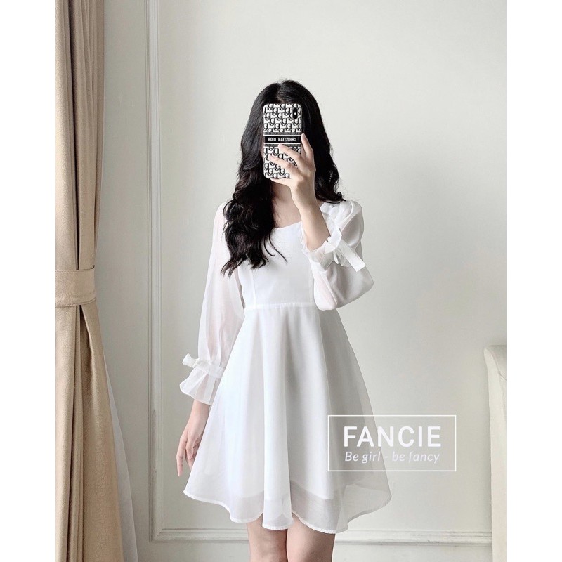 [có video][vải xịn loại 1] Đầm nữ trắng chụp kỷ yếu dáng xòe cổ vuông dự tiệc rất đẹp phối nút bọc tay nơ [6 TƠ KIẾNG] | BigBuy360 - bigbuy360.vn
