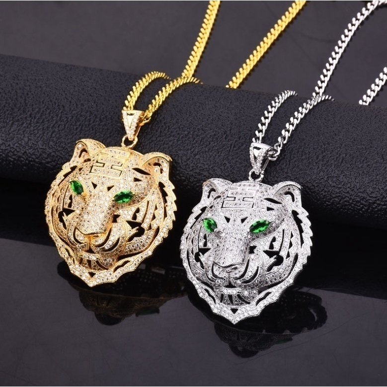 Vòng cổ mặt hình con hổ chất liệu đồng 100% đính đá zircon phong cách hip hop dành cho nam