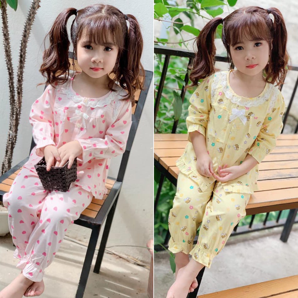 Pijama thô lụa viền ren in hình cho bé gái từ 8 đến 27kg