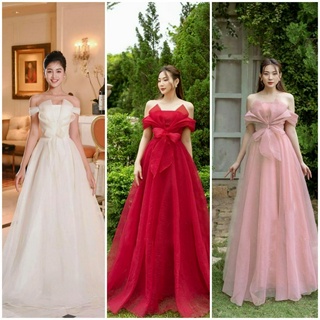 Đầm váy dạ hội xốp trễ vai phối nơ eo