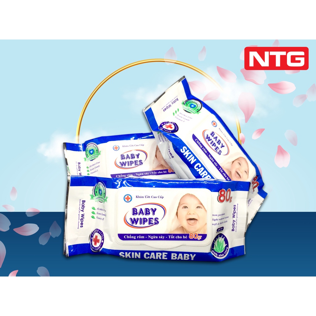 Khăn giấy ướt Không mùi cho bé Baby Wipes 80g màu Xanh, vải loại 1 dai mịn, giá sỉ