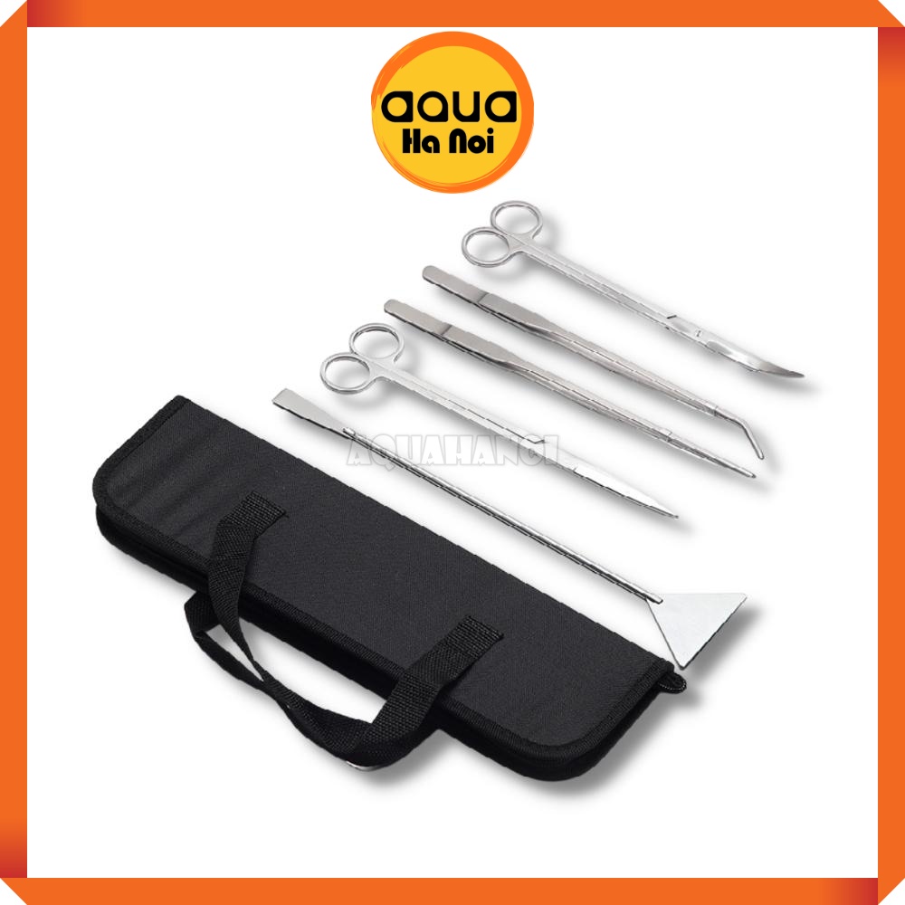 Bộ kéo nhíp inox/carbon đen 5 món - cắt, trồng cây thủy sinh, vệ sinh hồ cá - Tặng kèm túi đựng vải