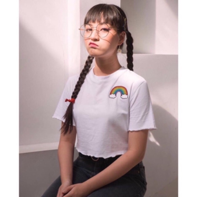 Áo thun croptop ôm thêu cầu vồng, hình thật ảnh sàn