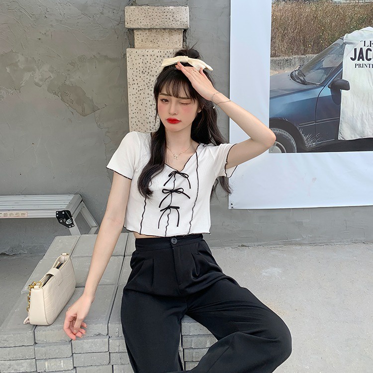 Áo thun ZHELIHANGFEI ngắn tay thắt nơ xinh xắn thời trang