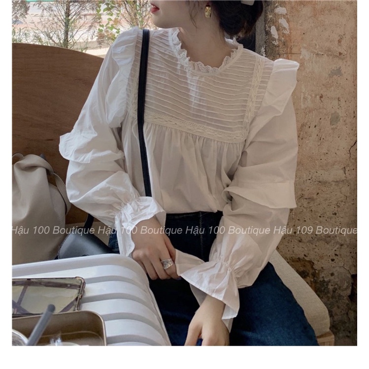 Áo babydoll xếp ly cánh tiên cổ tròn ren nổi bánh bèo phong cách Korea by