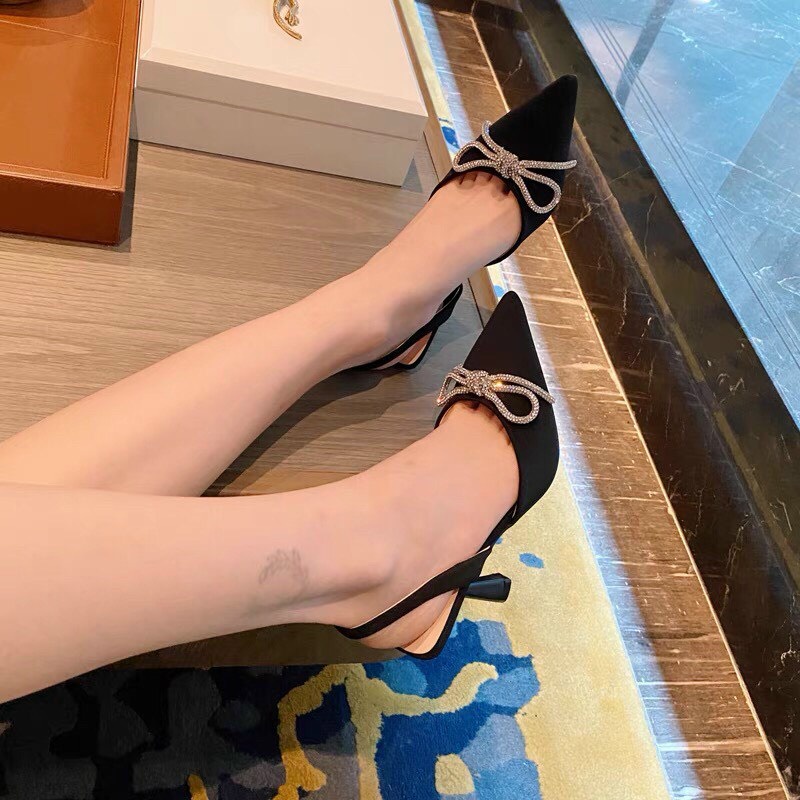 Sandal Cao Gót Nữ 7p Mũi Nơ Xoàn Đá [ Hình Thật ] Chất Da Lộn Chuẩn Đẹp - Sục Nơ Quai Hậu Gót Nhọn Chị Chảnh Store