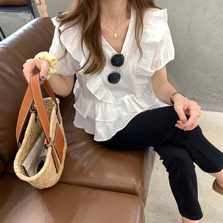 Áo Voan Kiểu Bánh Bèo Xếp Ly Xếp Tầng Cổ Tim Phối Bèo Ngắn Tay Hàn Ulzzang Hàn Quốc Áo Kiểu Bánh Bèo Tiểu Thư Công Chúa