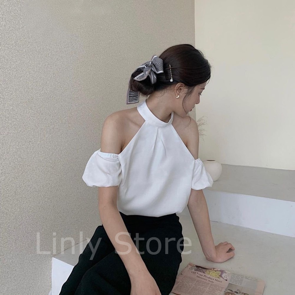 Áo hở vai cổ yếm Linly Store 2 lớp tay bồng chất linen