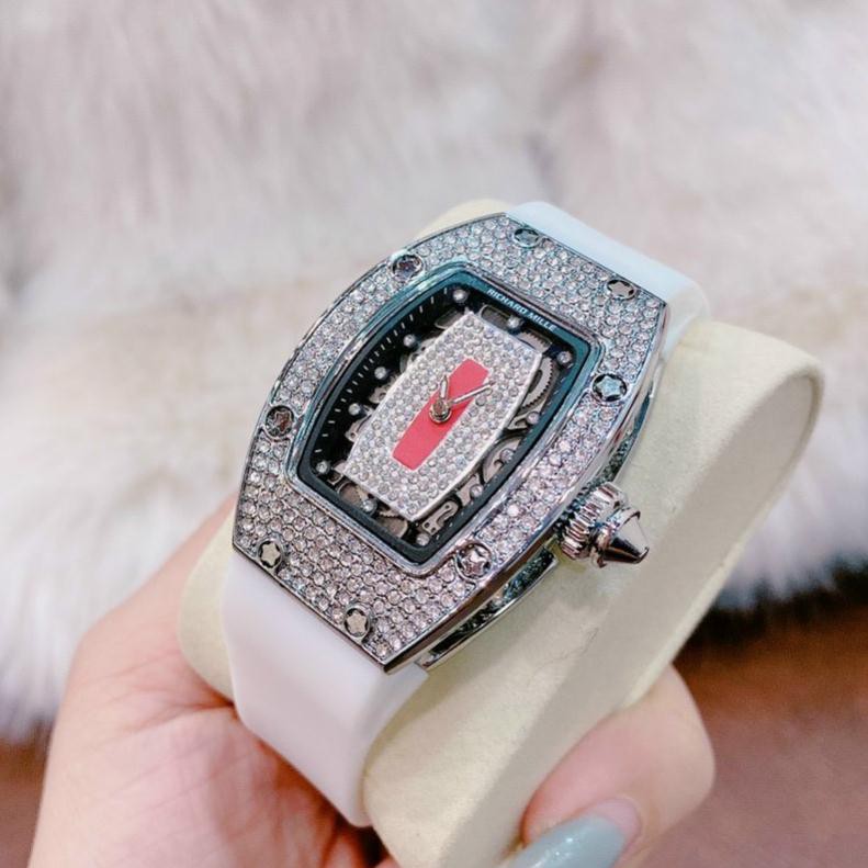 Đồng hồ nữ cá tính mạnh mẽ Richard mille dây silicon full đá sang trọng,hàng full box thẻ bảo hành 12 tháng+pin dự phòng