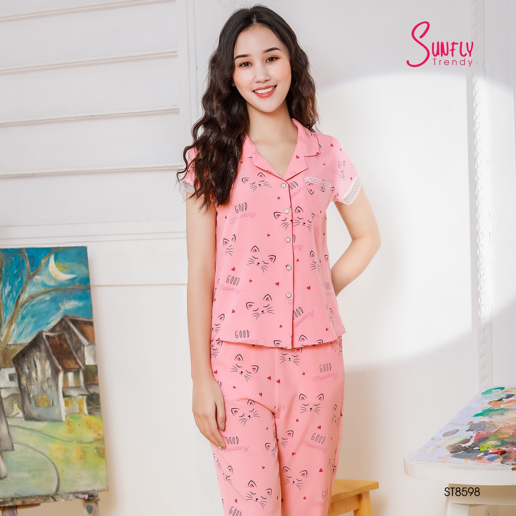 Bộ pijamas lụa áo cộc, quần dài Sunfly ST8598