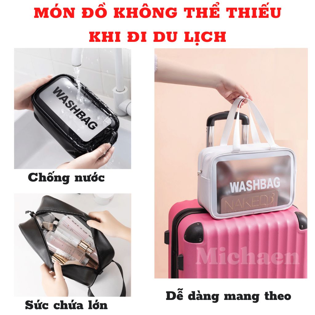 Túi đựng mỹ phẩm du lịch đựng đồ trang điểm cá nhân trong suốt có quai Washbag