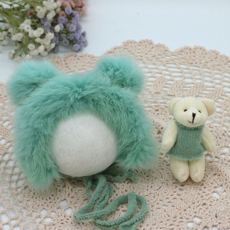 Set 2 Món Đồ Chơi Gấu Bông Đội Mũ Đan Len Dễ Thương Dùng Làm Đạo Cụ Chụp Ảnh Cho Bé Sơ Sinh
