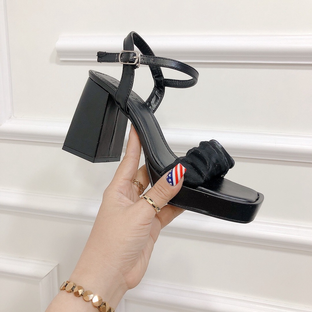 Giày Sandal gót vuông cao 9P quai nhúm phối voan mềm mại form chuẩn đẹp đi chơi đi tiệc siêu xinh