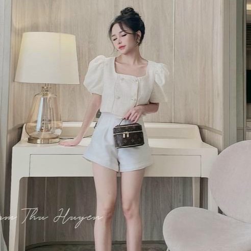 Áo Gấm Thô Croptop Cổ Vuông Tay Ngắn Cho Nữ Dưới 55kg Thời Trang-Cún-5052