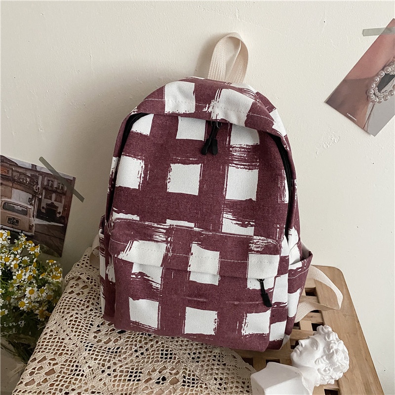 Ba Lô Đi Học Vải Canvas Kẻ Sọc Caro Sức Chứa Lớn Thời Trang Cho Nữ