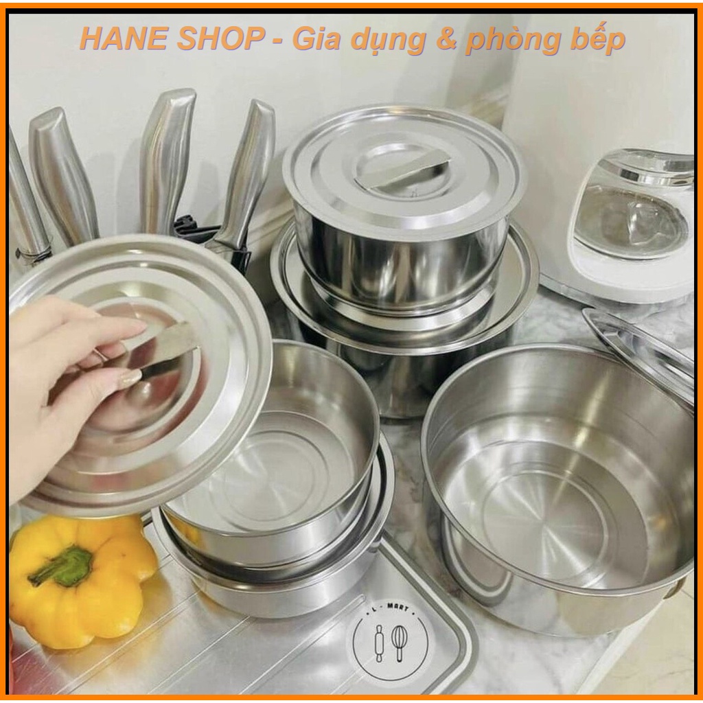 SET 5 HỘP CHIA THỰC PHẨM INOX 304 HÌNH TRÒN CÓ NẮP - SIZE 24cm-22cm-20cm-18cm-16cm