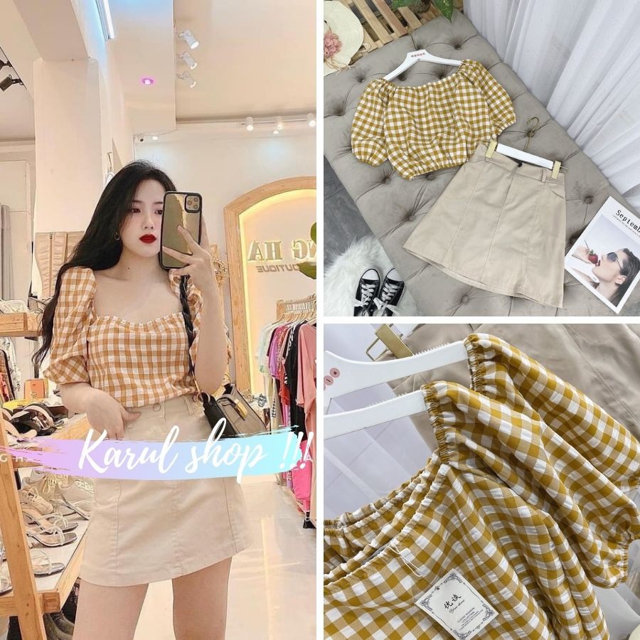 SET ĐỒ NỮ ÁO SƠ MI KẺ CARO CỘC TAY BO PHỐI CHÂN VÁY NGẮN CHỮ A️SET ĐỒ NỮ BỘ ÁO SƠ MI KẺ CARO BO EO, CHÂN VÁY KAKI BE