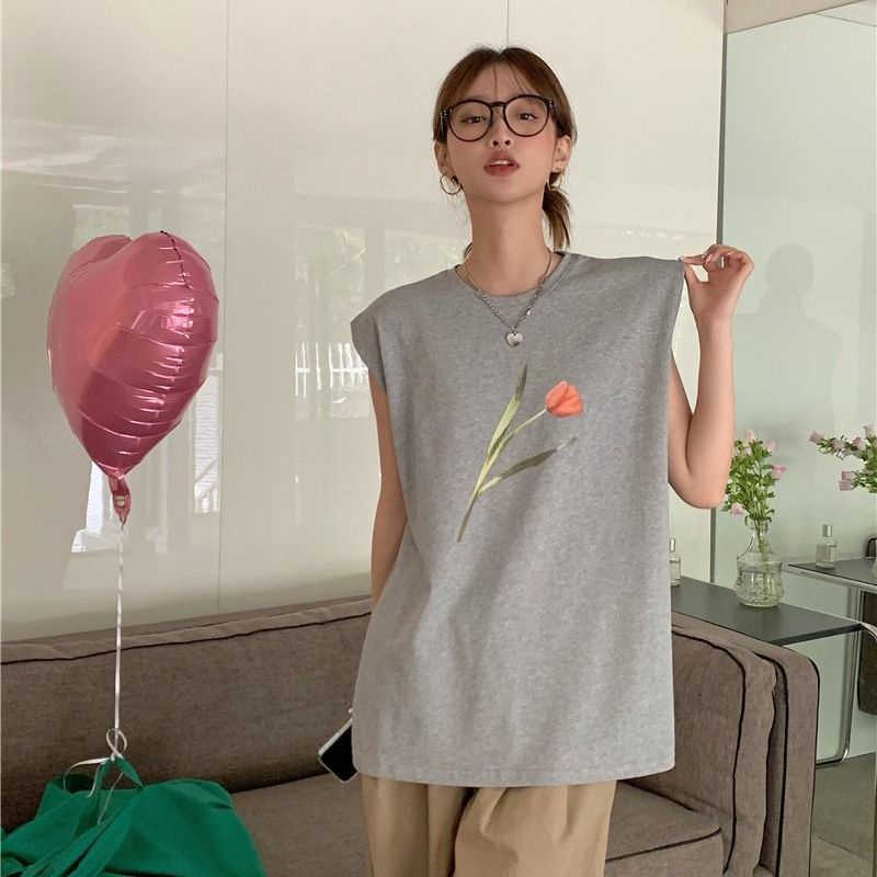 Jiashucheng Áo Thun Nữ Không Tay In Hình Hoa Tulip Phong Cách Hàn Quốc Mới