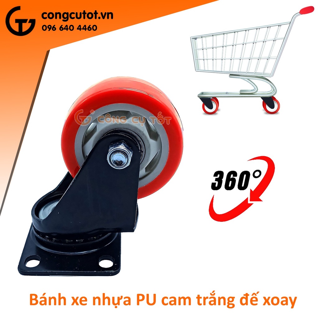 Bánh xe đẩy mặt đế xoay tải trọng 45kg lốp cam trắng rộng 32mm Φ60mm