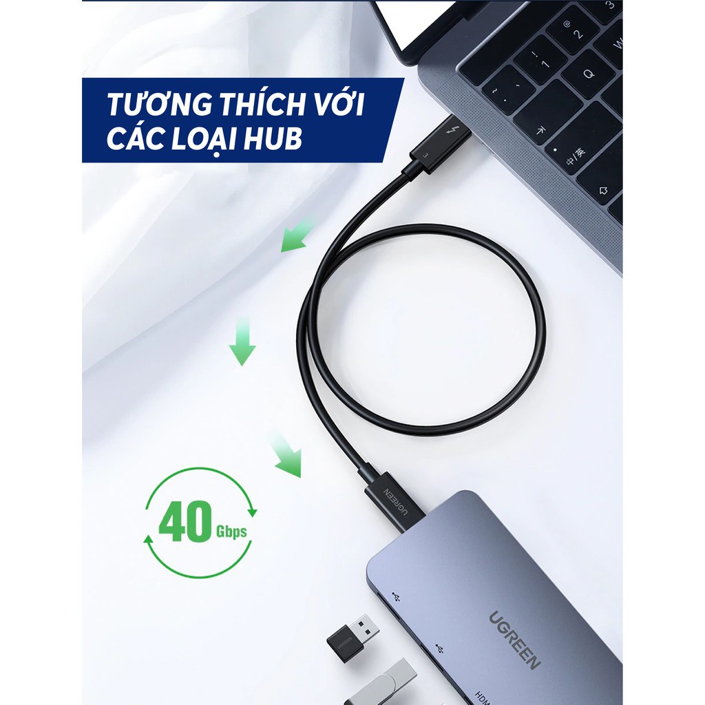 THUNDERBOLT 3 (USB Type-C Gen 3) truyền dữ liệu 40Gbps, xuất hình ảnh 5K60Hz, sạc 100W, dài 0.5-2m UGREEN US341