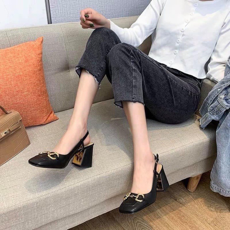 ZZ99- Sandal 7cm gót bọc khoá DD vàng- giày cao gót nữ bít mũi gót vuông(buty)