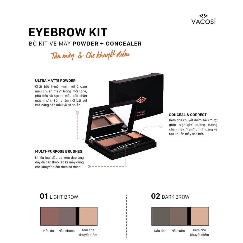 BỘ KIT VẼ MÀY: Bột Mày + Kem Che Khuyết Điểm -  VACOSI EYEBROW KIT POWDER + CONCEALER | BigBuy360 - bigbuy360.vn