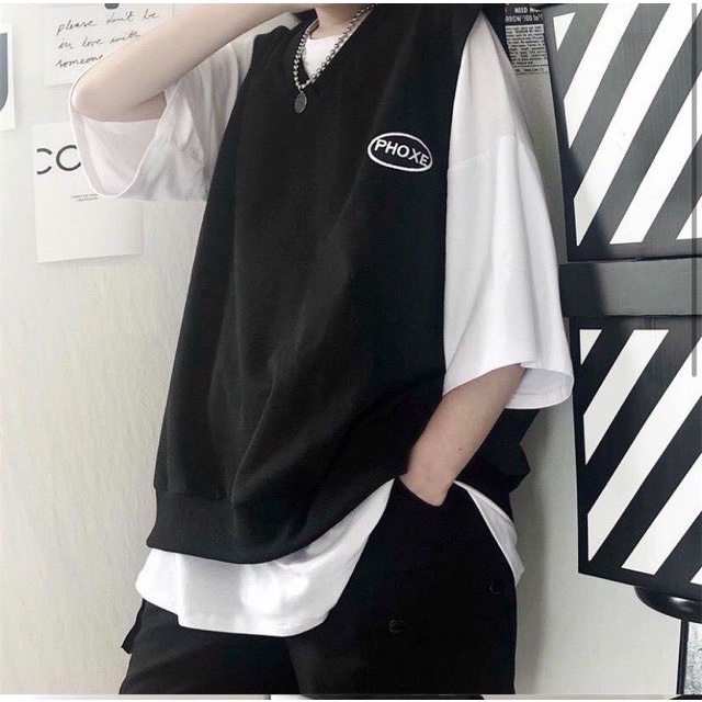 Áo gile logo phoxe unisex - Thun kiểu form rộng tay lỡ màu đen cá tính đường phố hàn quốc nam nữ ulzzang