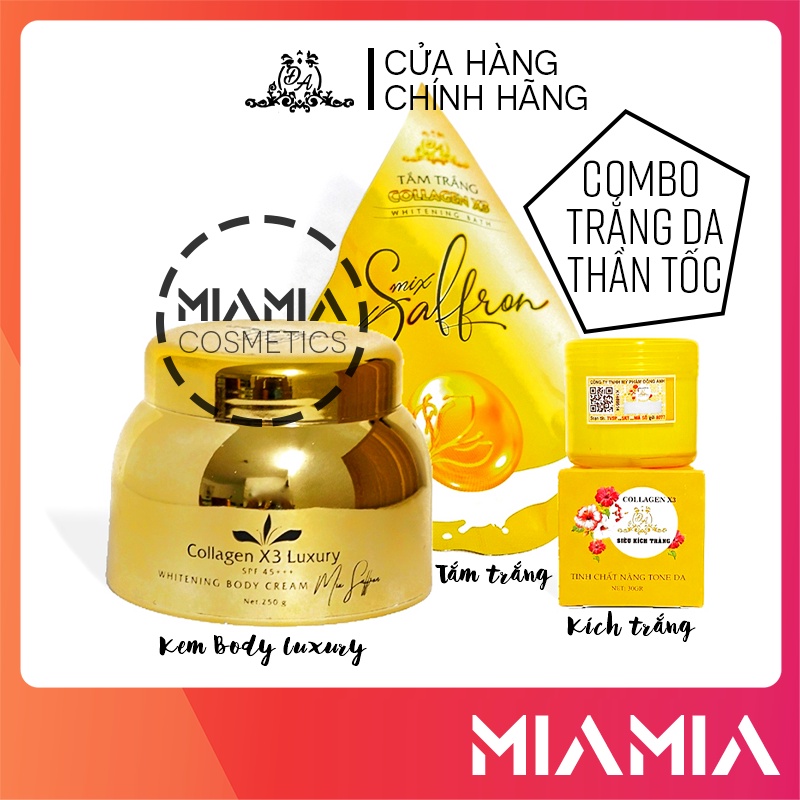 Combo Kem Body Collagen X3 Luxury + Tắm Trắng Mix Saffron + Kích Trắng Da Toàn Thân X3 chính hãng