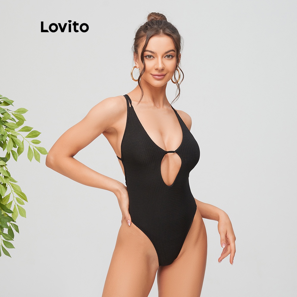 Đồ một mảnh Lovito dây chéo khoét rỗng sexy màu trơn L11113 (Màu đen)